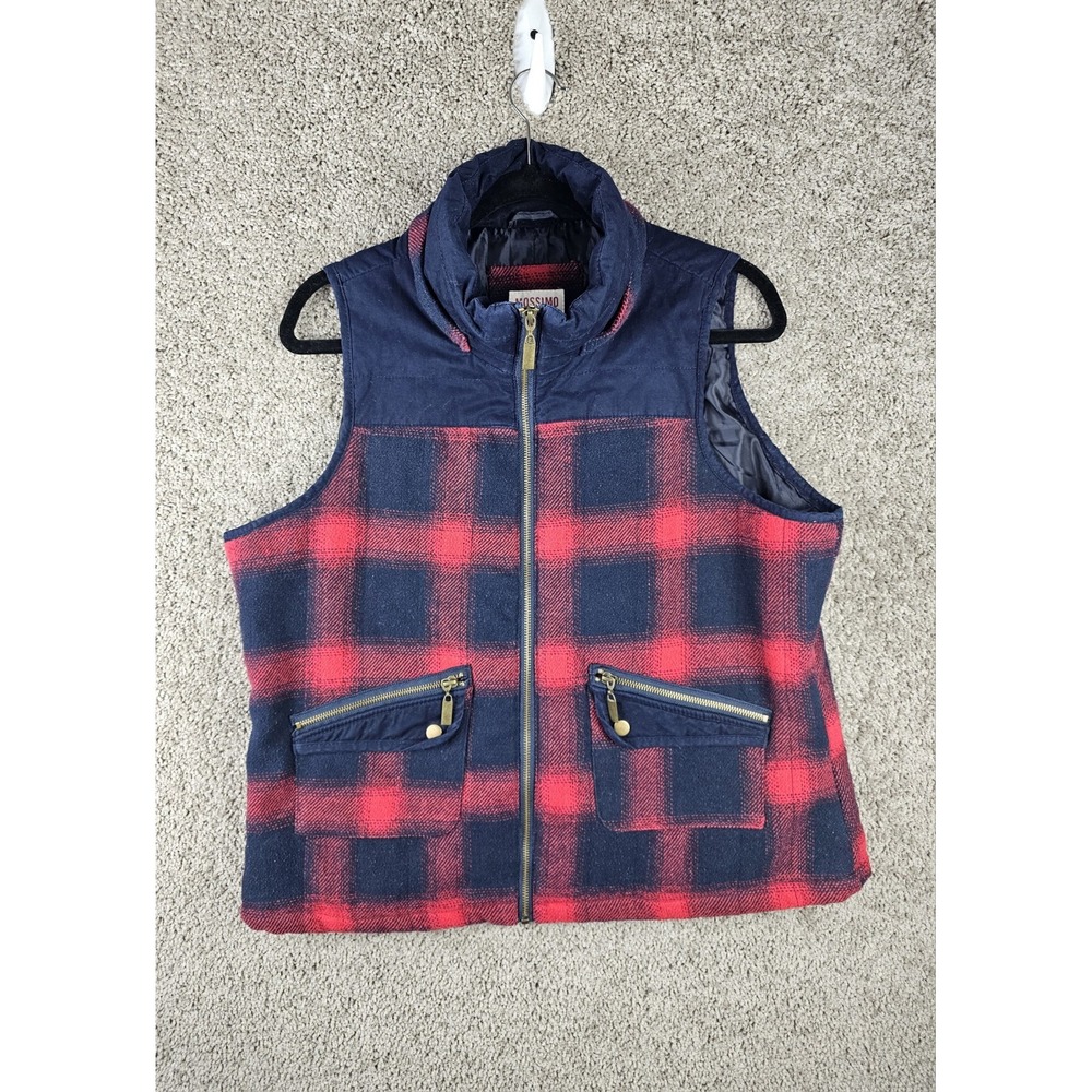 Mossimo Buffalo Plaid Red Wool Poly Blend Zip Pockets Vest Women's XL‎